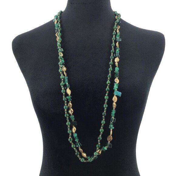 Make A Twist Necklace Two Ways To Wear Green Gold Tone Beaded Boho Style - Picture 1 of 3